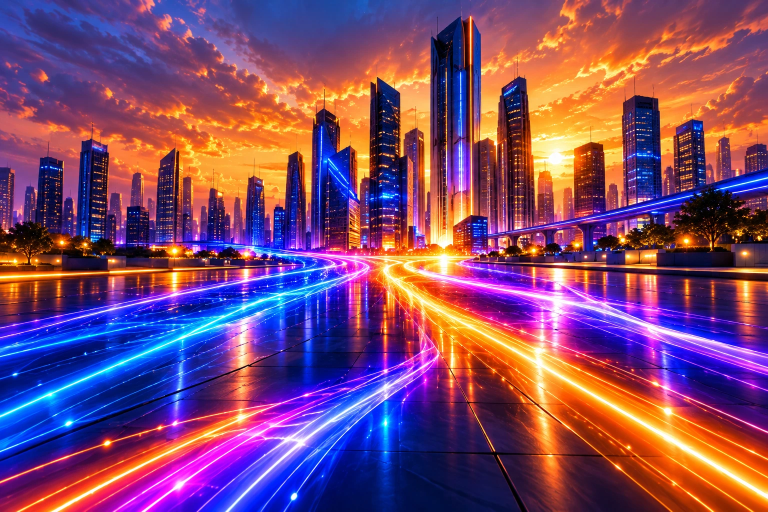 Illuminated city skyline with blue and orange energy trails